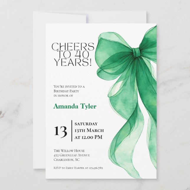 Convite de Aniversário de 40 anos com Laço Verde E (Frente)