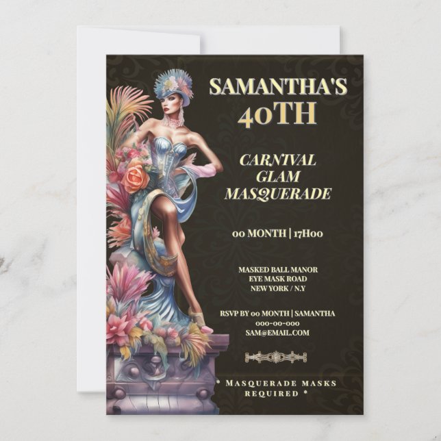 Convite de Aniversário de 40 anos com Máscara Pret (Frente)