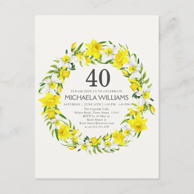 Convite de Aniversário de 40 anos com Narcisos Ama (Frente)