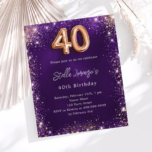 Convite de aniversário de 40 anos com rosa dourada