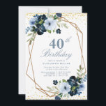 convite de aniversário de 40 anos com tema floral<br><div class="desc">Um adorável design de tema floral com linda flor de aquarela azul. O texto e as cores podem ser personalizados.</div>
