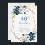 convite de aniversário de 40 anos com tema floral<br><div class="desc">Um adorável design de tema floral com linda flor de aquarela azul. O texto e as cores podem ser personalizados.</div>