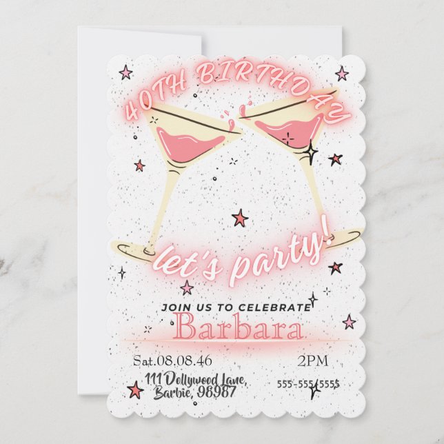 Convite de Aniversário de 40 anos Coquetel Rosa (Frente)