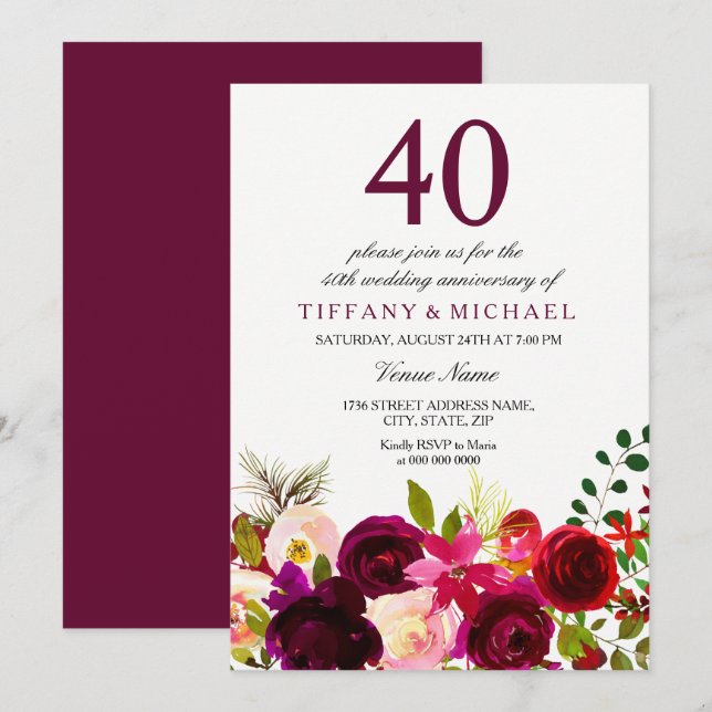 Convite de Aniversário de 40 Anos de Casamento com (Frente/Verso)