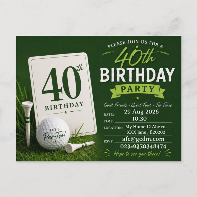 Convite de aniversário de 40 anos de golfista (Frente)