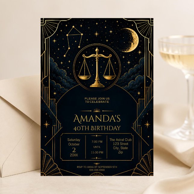 Convite de Aniversário de 40 anos de Libra Art Déc (Dark Art Deco Libra zodiac 40th birthday invitation with celestial details and elegant moody styling)