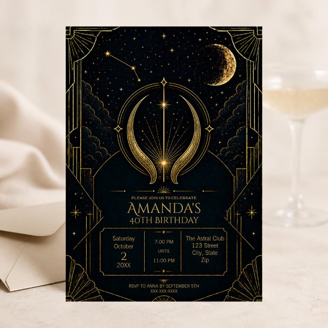 Convite de Aniversário de 40 anos de Touro Art Déc (Dark Art Deco Taurus zodiac 40th birthday invitation featuring celestial details, vintage-inspired)