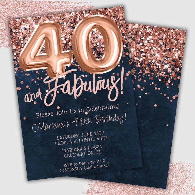 Convite de Aniversário de 40 anos em Azul Naval e  (Criador carregado)