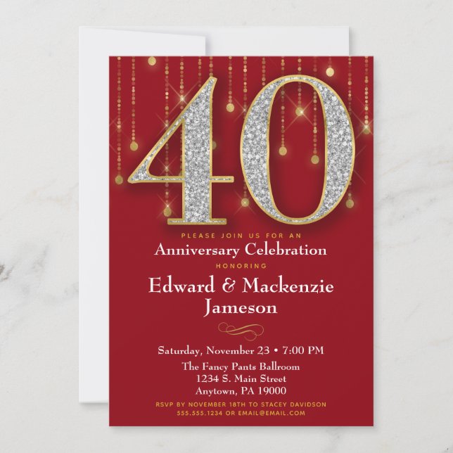 Convite de Aniversário de 40 Anos em Vermelho e Do (Frente)