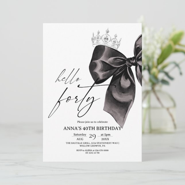 Convite de Aniversário de 40 anos Forty Black Bow (Em pé/Frente)