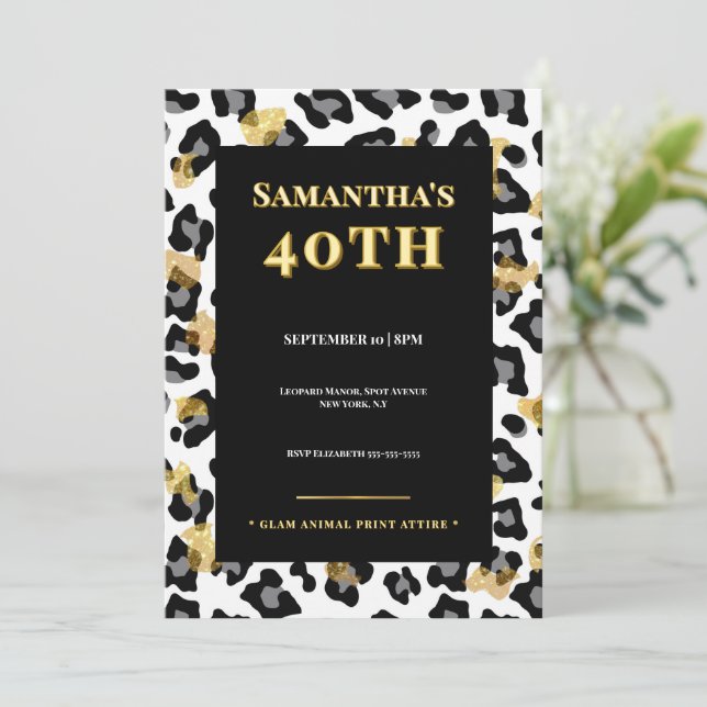 Convite de Aniversário de 40 anos Glam Leopard Dou (Em pé/Frente)