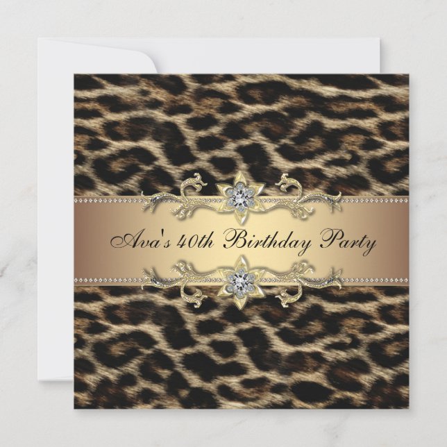Convite de Aniversário de 40 anos Leopard Gold Leo (Frente)
