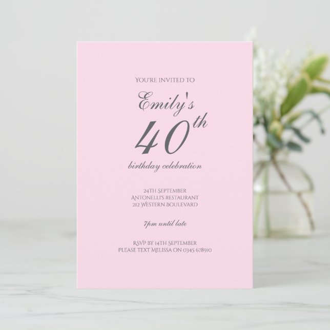 Convite de Aniversário de 40 anos Minimalista Rosa (Em pé/Frente)