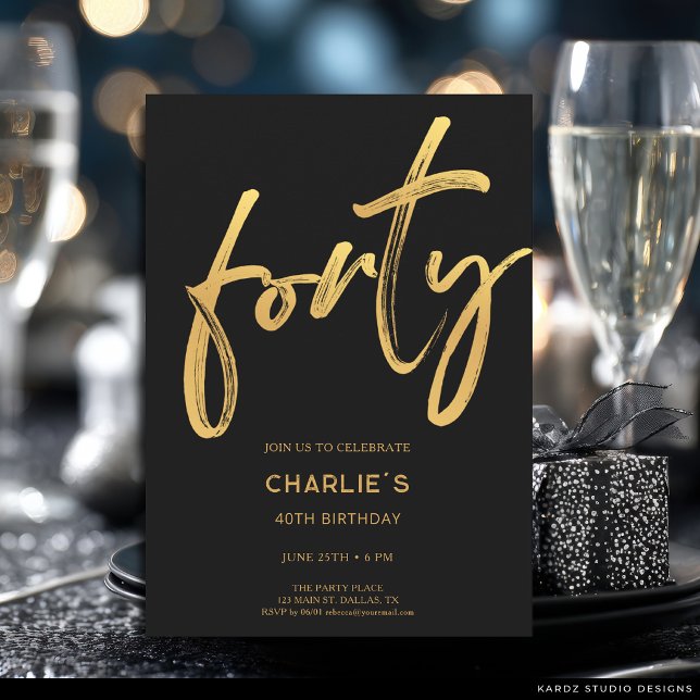 Convite de Aniversário de 40 anos Moderno Preto e  (The front of the invitation is shown at 5x7-inch size. Choose size, paper, + corner style.)