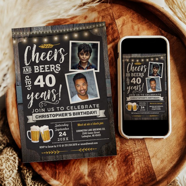 Convite de Aniversário de 40 anos Photo Cheers and (Photo Cheers and Beers 40th Birthday Invitation)