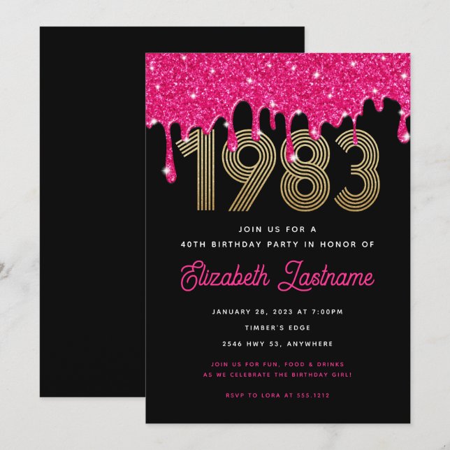 Convite de Aniversário de 40 anos Pink Glitter Dri (Frente/Verso)