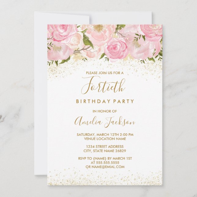 Convite de Aniversário de 40 anos Pink Gold Sparkl (Frente)