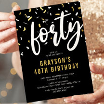 Convite de Aniversário de 40 Anos Preto com Confet