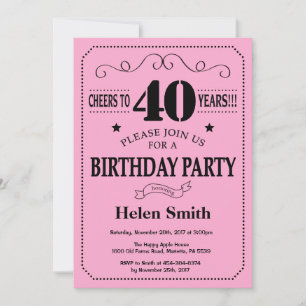 Convite de Aniversário de 40 anos Preto e Rosa