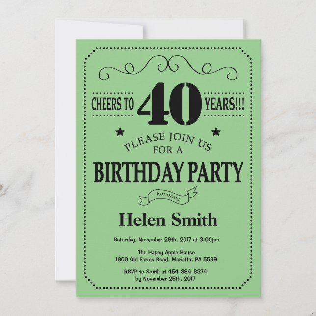 Convite de Aniversário de 40 anos Preto e Verde (Frente)