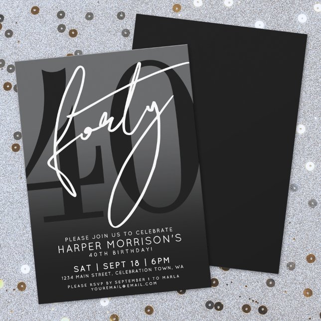 Convite de Aniversário de 40 Anos Preto Moderno (Modern Black 40th Birthday Party Invitation)