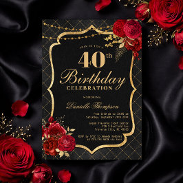 Convite de Aniversário de 40 anos Preto, Vermelho