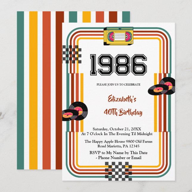Convite de Aniversário de 40 anos Retro Cassete Di (Frente/Verso)