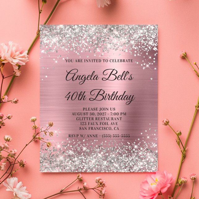 Convite de Aniversário de 40 anos Rosa com Brilho  (Budget Silver Glitter Pink 40th Birthday Invite)
