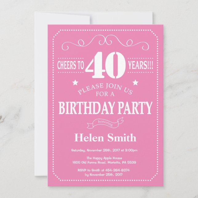 Convite de Aniversário de 40 anos Rosa e Branco (Frente)