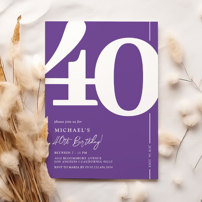 Convite de Aniversário de 40 anos Roxo Moderno (Criador carregado)