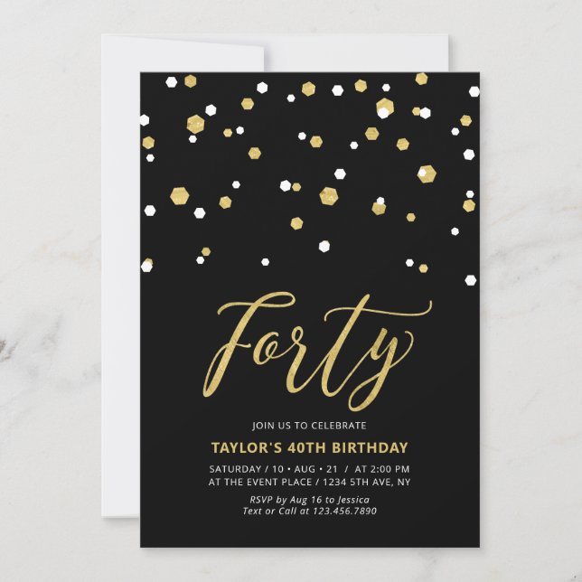 Convite de Aniversário de 40 Anos Simples Preto e  (Frente)