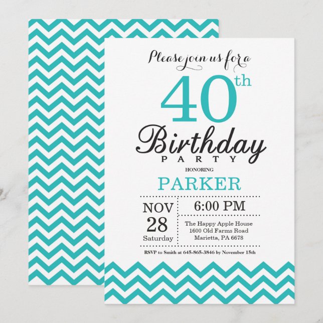 Convite de Aniversário de 40 anos Teal Chevron (Frente/Verso)
