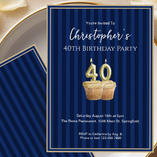 Convite de Aniversário de 40 anos Único Azul Doura