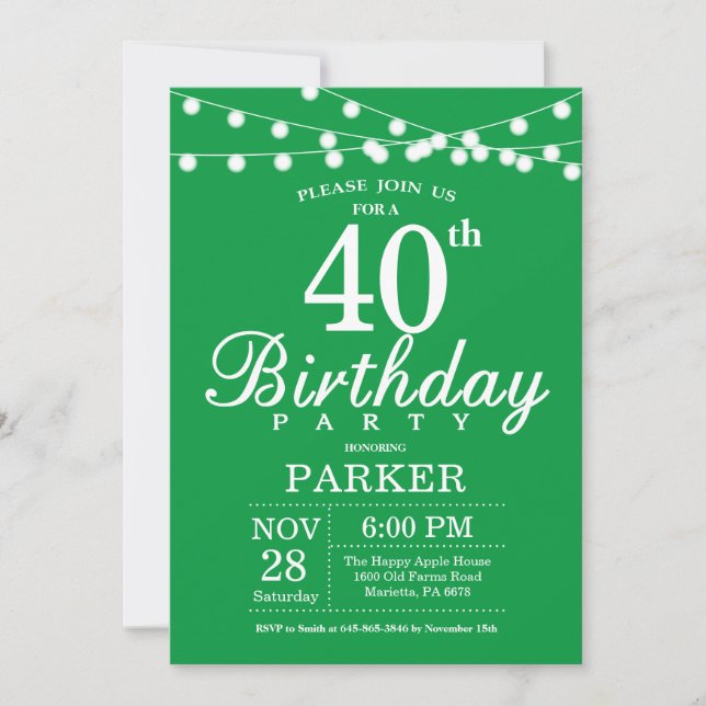 Convite de Aniversário de 40 anos Verde (Frente)