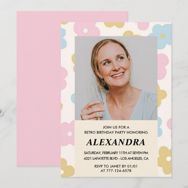 Convite de aniversário de 41 anos com foto floral  (Frente/Verso)