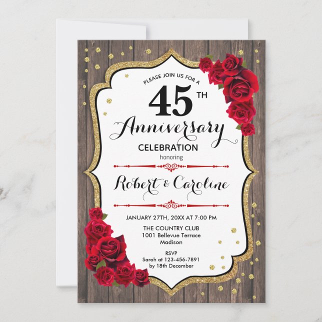 Convite de Aniversário de 45 anos - Rustic Wood Go (Frente)