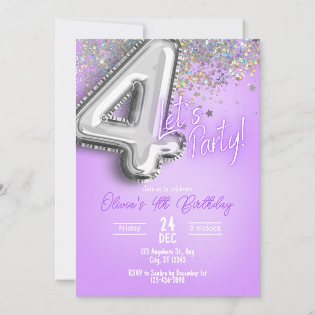 Convite de Aniversário de 4 anos com Brilho Roxo (Frente)