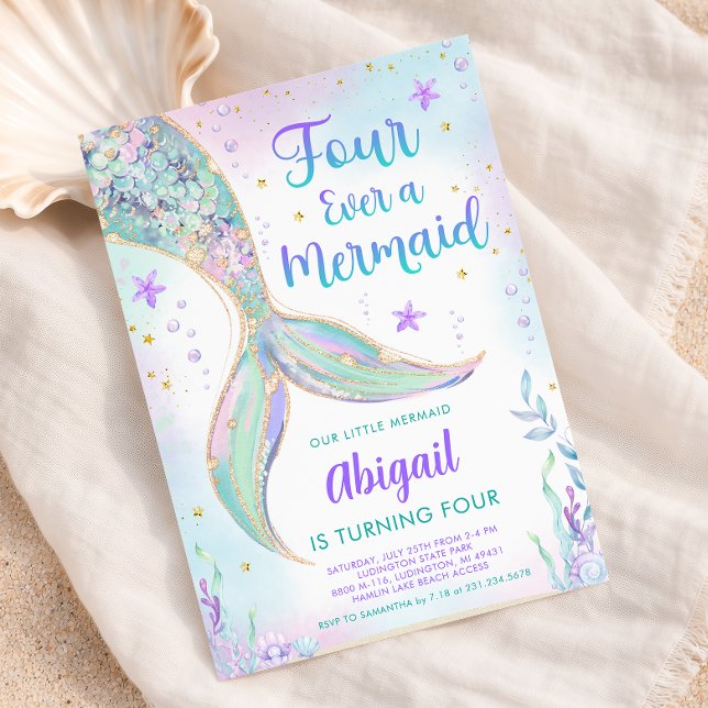 Convite de Aniversário de 4 anos da Sereia (Mermaid 4th Birthday Party Invitation - Pastel Mermaid Tail Invite)