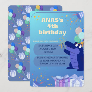 Convite de Aniversário de 4 Anos de Dinossauro Azu