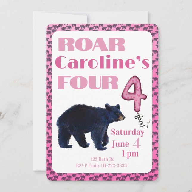 Convite de Aniversário de 4 anos do Roar Four Bear (Frente)