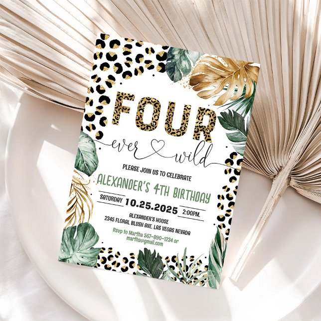 Convite de Aniversário de 4 Anos Four Ever Wild Le (Criador carregado)