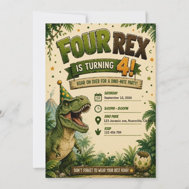 Convite de Aniversário de 4 anos Four Rex Dinossau (Frente)
