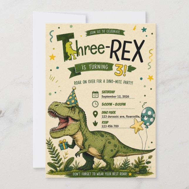 Convite de Aniversário de 4 anos Four Rex Dinossau (Frente)