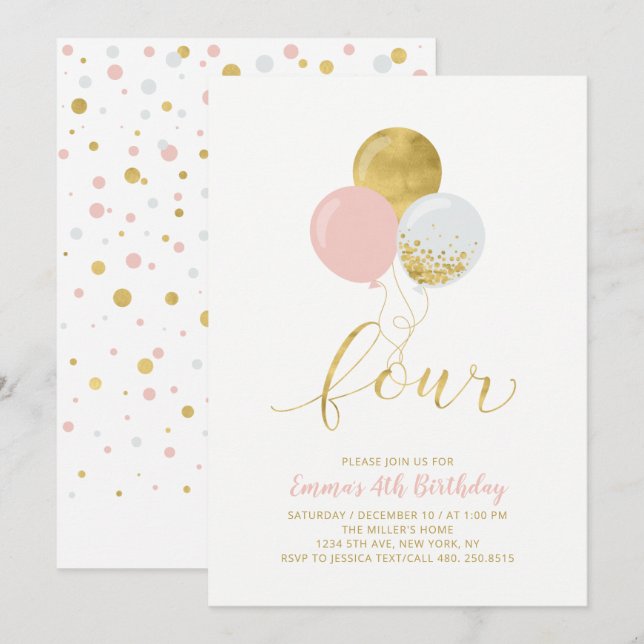 Convite de Aniversário de 4 Anos Menina com Quatro (Frente/Verso)