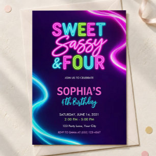 Convite de Aniversário de 4 Anos Neon Doce e Sassy