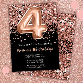 Convite de Aniversário de 4 anos Preto Rosa Dourad