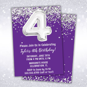 Convite de Aniversário de 4 anos Purple Silver