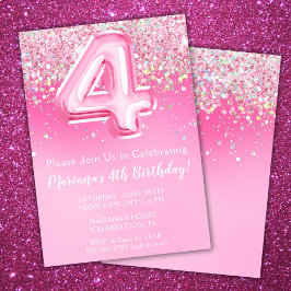 Convite de Aniversário de 4 anos Rosa Menina Brilh