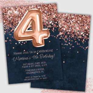 Convite de Aniversário de 4 anos Rose Gold Navy Bl