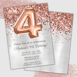 Convite de Aniversário de 4 anos Rose Gold Silver